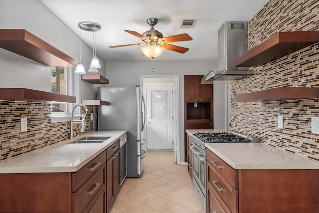 10203 Huntington Dale Dr, Houston, TX 77099 - kitchen with open shelves, appliances with stainless steel finishes, wall chimney range hood, and backsplash