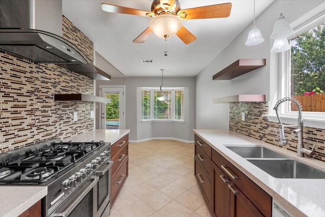 10203 Huntington Dale Dr, Houston, TX 77099 - kitchen with stainless steel stove, a sink, range hood, open shelves, and backsplash