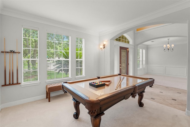 6318 Goodlowe Park, Sugar Land, TX 77479 - game room with light carpet, ornamental molding, pool table, arched walkways, and a chandelier