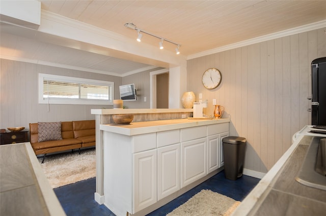 16535 Jamaica Inn Rd, Jamaica Beach, TX 77554 - kitchen with white cabinetry, light countertops, wood walls, rail lighting, and a peninsula