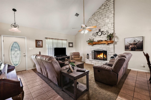 999 Salem Rd, Brenham, TX 77833 - tiled living area featuring high vaulted ceiling, a ceiling fan, a fireplace, and baseboards