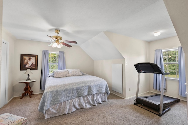 999 Salem Rd, Brenham, TX 77833 - carpeted bedroom featuring multiple windows, ceiling fan, vaulted ceiling, and baseboards