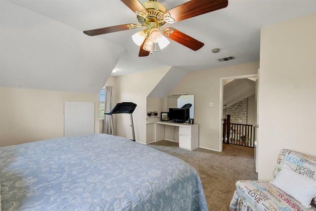 999 Salem Rd, Brenham, TX 77833 - bedroom with vaulted ceiling, light carpet, a ceiling fan, and an office area