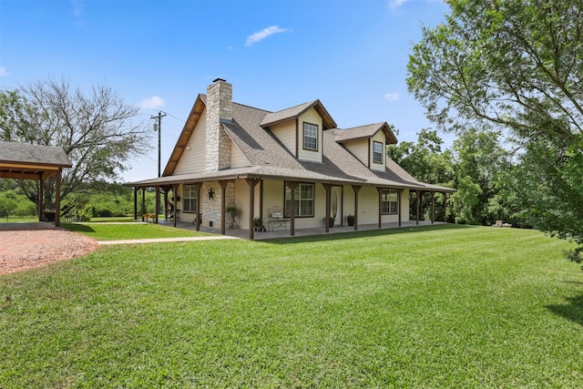 999 Salem Rd, Brenham, TX 77833 - view of home's exterior featuring a chimney, a lawn, stone siding, roof with shingles, and covered porch