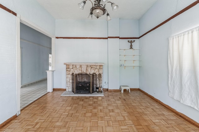 2009 Chestnut St, Houston, TX 77009 - unfurnished living room with a chandelier, a fireplace, and baseboards
