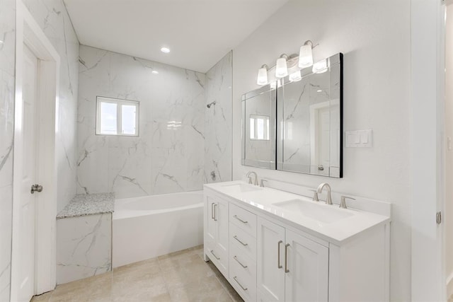 1189 County Road 5100, Cleveland, TX 77327 - full bathroom with double vanity, a bathtub, and a marble finish shower
