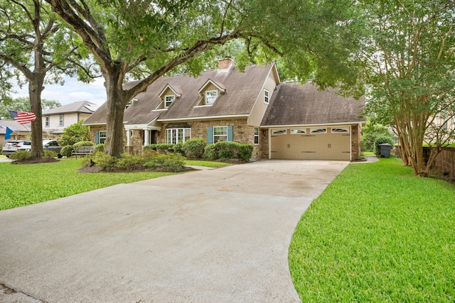 111 Whispering Oaks Dr, Seabrook, TX 77586 - cape cod home with a garage, driveway, stone siding, a chimney, and roof with shingles