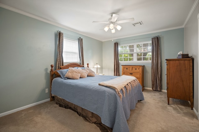 111 Whispering Oaks Dr, Seabrook, TX 77586 - bedroom with light carpet, ornamental molding, baseboards, and ceiling fan