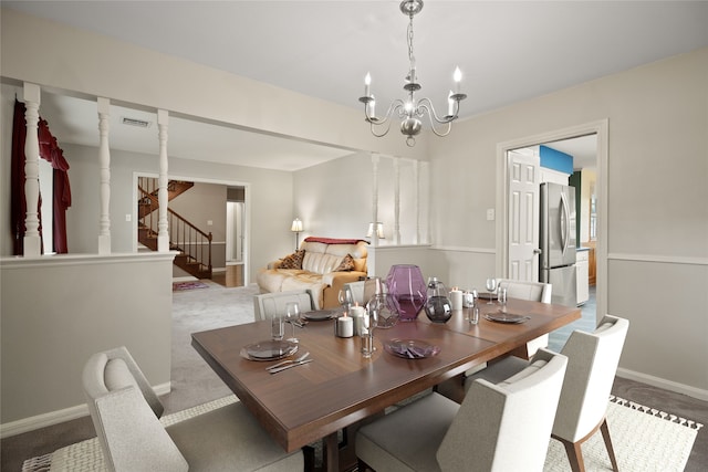 111 Whispering Oaks Dr, Seabrook, TX 77586 - carpeted dining area with a chandelier, stairway, and baseboards