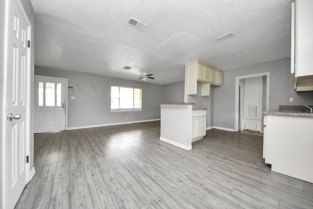 141 E Twickenham Trl, Houston, TX 77076 - kitchen with ceiling fan, baseboards, light wood finished floors, open floor plan, and a textured ceiling