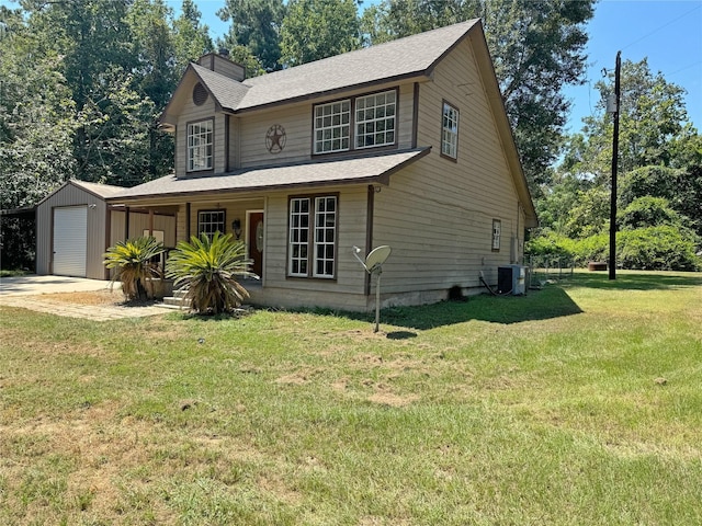 10 Walnut Loop, Shepherd, TX 77371 - view of front of house with an attached garage, covered porch, a front lawn, central AC, and a chimney