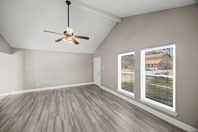1043 Sierra Shadows Dr, Katy, TX 77450 - unfurnished living room featuring wood finished floors, a ceiling fan, beamed ceiling, baseboards, and high vaulted ceiling