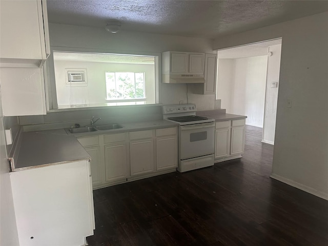 3118 Dacca Dr, Houston, TX 77051 - kitchen with white electric stove, a sink, under cabinet range hood, dark wood-style floors, and a textured ceiling