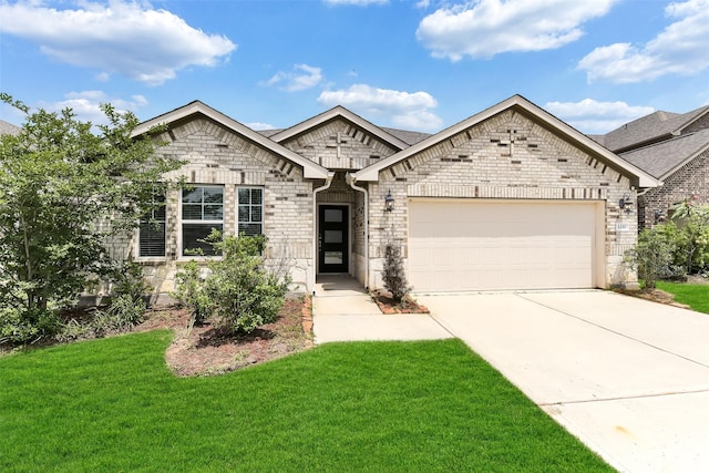 1210 Oak Barrel Run, Richmond, TX 77406 - french country inspired facade with an attached garage, driveway, a front lawn, and stone siding