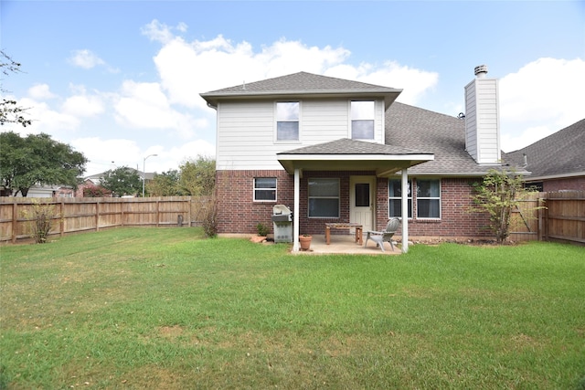 9619 Babbling Spring Ct, Tomball, TX 77375 - rear view of house with brick siding, a patio area, a chimney, and roof with shingles