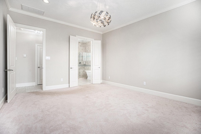 11503 Kings Point Blvd, Mont Belvieu, TX 77535 - unfurnished bedroom with light colored carpet, ornamental molding, baseboards, a chandelier, and recessed lighting