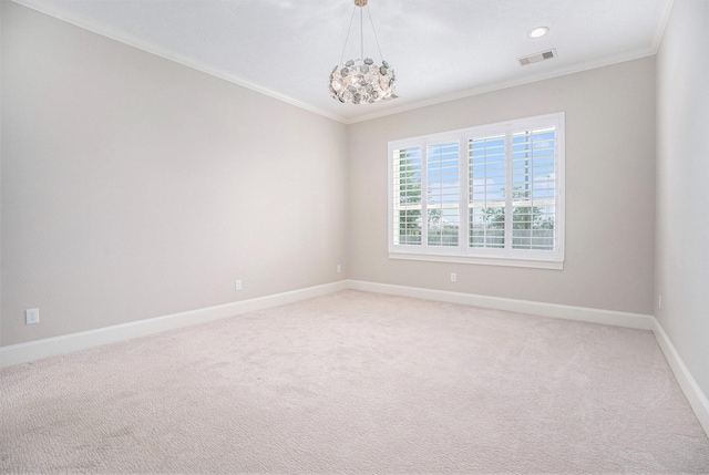 11503 Kings Point Blvd, Mont Belvieu, TX 77535 - empty room with a chandelier, ornamental molding, baseboards, light colored carpet, and recessed lighting
