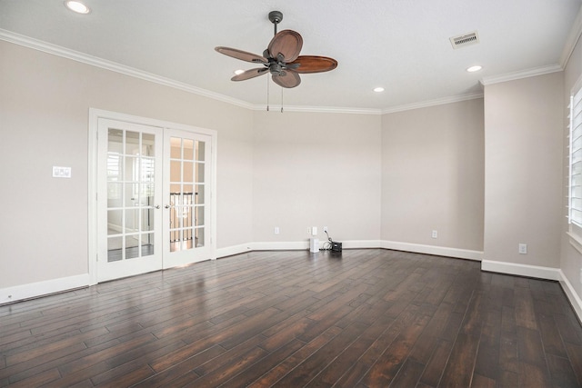 11503 Kings Point Blvd, Mont Belvieu, TX 77535 - empty room with french doors, a ceiling fan, baseboards, dark wood-style flooring, and recessed lighting