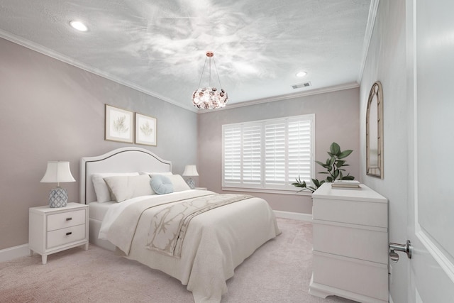 11503 Kings Point Blvd, Mont Belvieu, TX 77535 - bedroom featuring a chandelier, light carpet, baseboards, crown molding, and recessed lighting