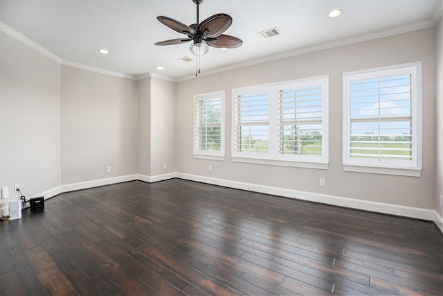 11503 Kings Point Blvd, Mont Belvieu, TX 77535 - spare room with ceiling fan, dark wood-style floors, recessed lighting, baseboards, and crown molding