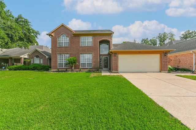 4614 Russett Pl S, Pearland, TX 77584 - view of front of property featuring an attached garage, driveway, a front yard, and brick siding