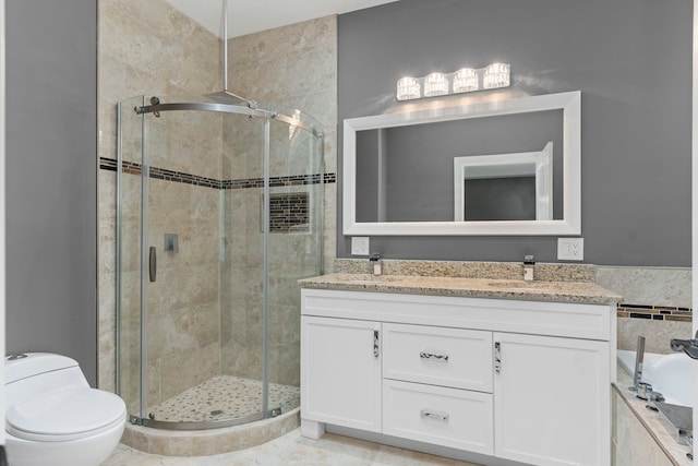 17501 Julianne Dr, Waller, TX 77484 - full bathroom with a stall shower, toilet, double vanity, and a tub to relax in