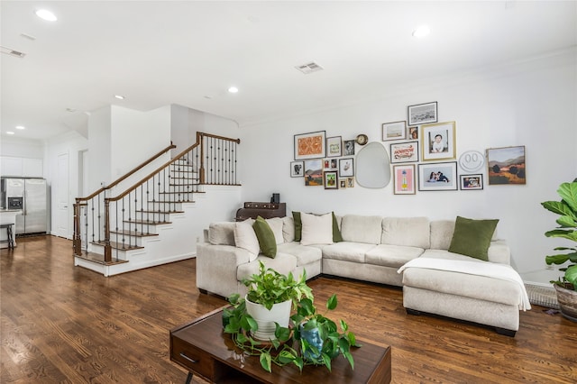 8817 Lakeshore Bend Dr, Houston, TX 77080 - living room featuring stairway, ornamental molding, wood finished floors, recessed lighting, and baseboards