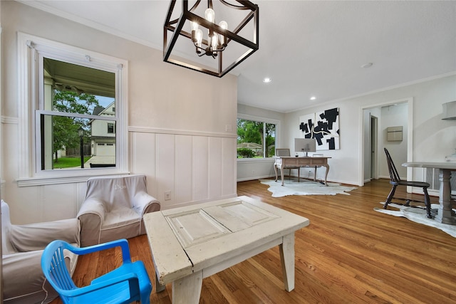 1635 Althea Dr, Houston, TX 77018 - living room with a chandelier, wood finished floors, crown molding, an office area, and recessed lighting