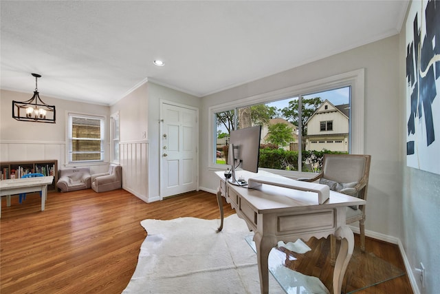 1635 Althea Dr, Houston, TX 77018 - office area featuring ornamental molding, wood finished floors, a chandelier, baseboards, and recessed lighting