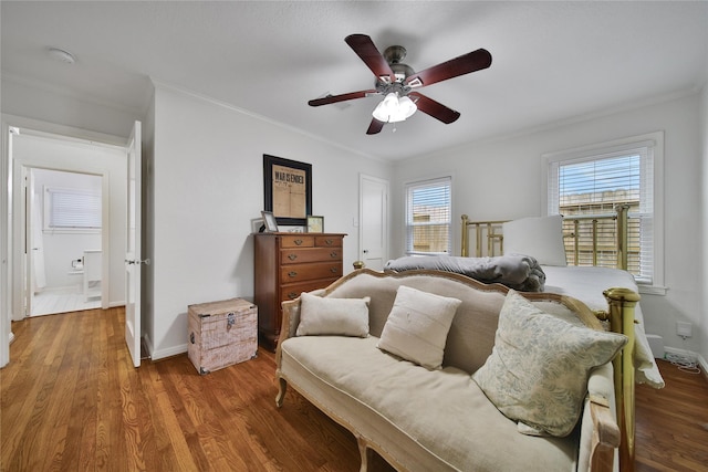 1635 Althea Dr, Houston, TX 77018 - bedroom featuring wood finished floors, crown molding, baseboards, and a ceiling fan