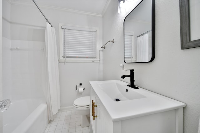 1635 Althea Dr, Houston, TX 77018 - full bath featuring ornamental molding, toilet, tile patterned floors, vanity, and shower / bath combination with curtain