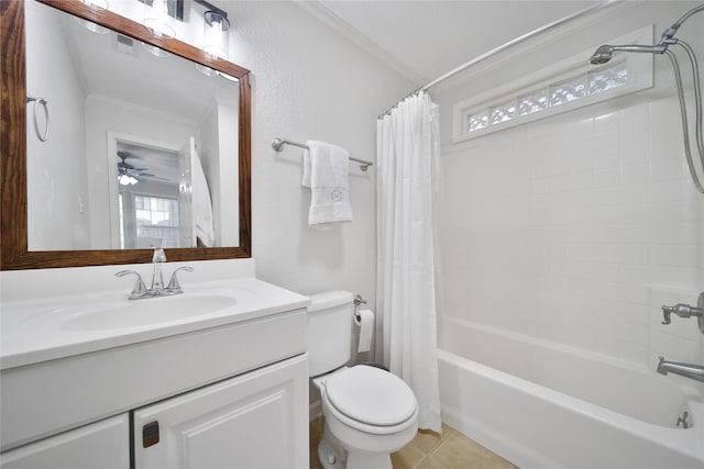 1635 Althea Dr, Houston, TX 77018 - bathroom featuring ornamental molding, shower / bath combo with shower curtain, toilet, vanity, and a ceiling fan