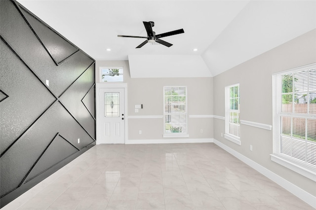 8714 Clarington St, Houston, TX 77016 - unfurnished living room featuring ceiling fan, baseboards, light tile patterned floors, lofted ceiling, and recessed lighting