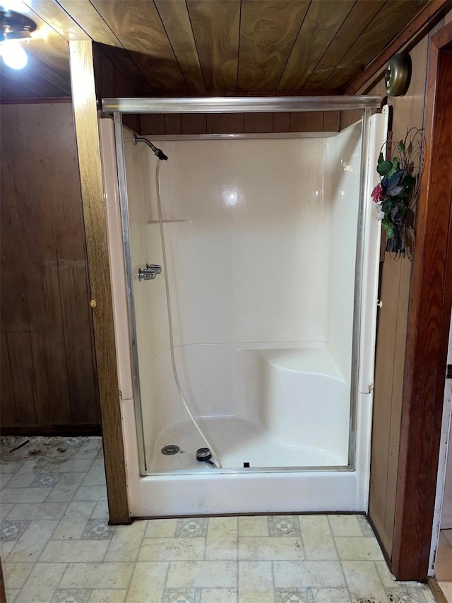 210 S 7th St, Silsbee, TX 77656 - bathroom with a stall shower, tile patterned floors, and wooden ceiling