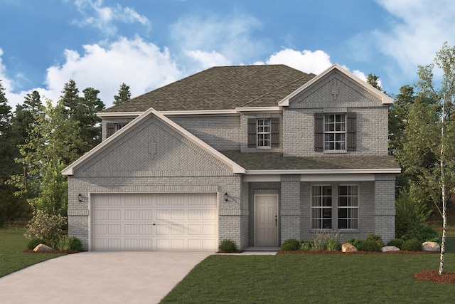 27526 Beachside Arbor Dr, Katy, TX 77493 - view of front of house with brick siding, concrete driveway, a front lawn, a garage, and a shingled roof