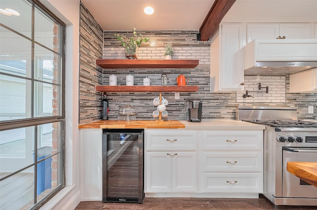 2906 Laurel Fork Dr, Houston, TX 77339 - indoor bar featuring beverage cooler, gas range, tasteful backsplash, custom range hood, and dark wood-style flooring