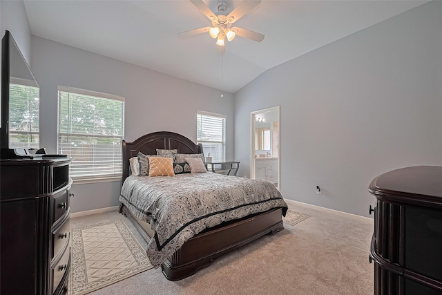 614 Starboard Ct, Katy, TX 77494 - bedroom with light carpet, baseboards, vaulted ceiling, connected bathroom, and ceiling fan