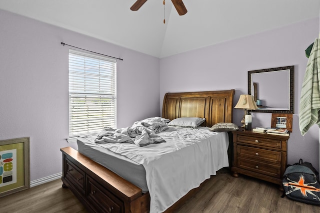 9108 Yellow Cedar Trl, Fort Worth, TX 76244 - bedroom featuring dark wood-style flooring, vaulted ceiling, baseboards, and a ceiling fan