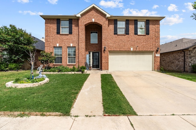 9108 Yellow Cedar Trl, Fort Worth, TX 76244 - traditional-style home featuring a garage, a front yard, driveway, and brick siding