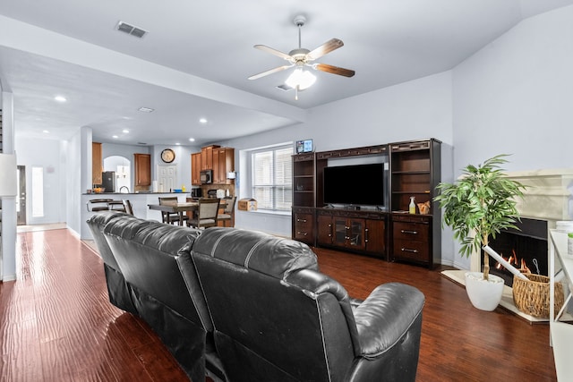 9108 Yellow Cedar Trl, Fort Worth, TX 76244 - living area featuring ceiling fan, a high end fireplace, dark wood-type flooring, recessed lighting, and baseboards