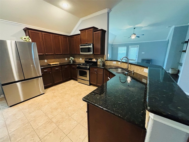 20214 Blue Lake View Ln, Humble, TX 77338 - kitchen with stainless steel appliances, a sink, ornamental molding, lofted ceiling, and backsplash