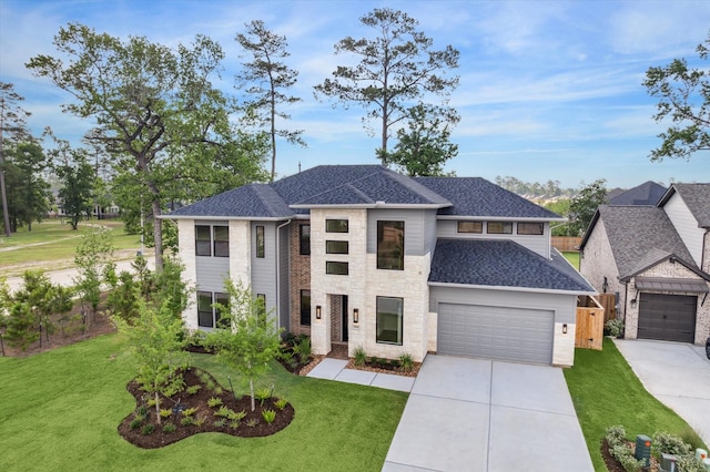 403 Venado View Ct, Conroe, TX 77304 - view of front facade featuring driveway, stone siding, a front yard, and a shingled roof