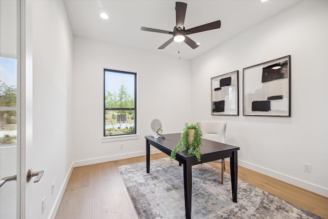 403 Venado View Ct, Conroe, TX 77304 - home office featuring a ceiling fan, light wood finished floors, baseboards, and recessed lighting