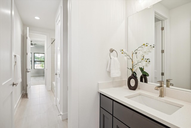 403 Venado View Ct, Conroe, TX 77304 - bathroom with tile patterned flooring, vanity, recessed lighting, and a ceiling fan
