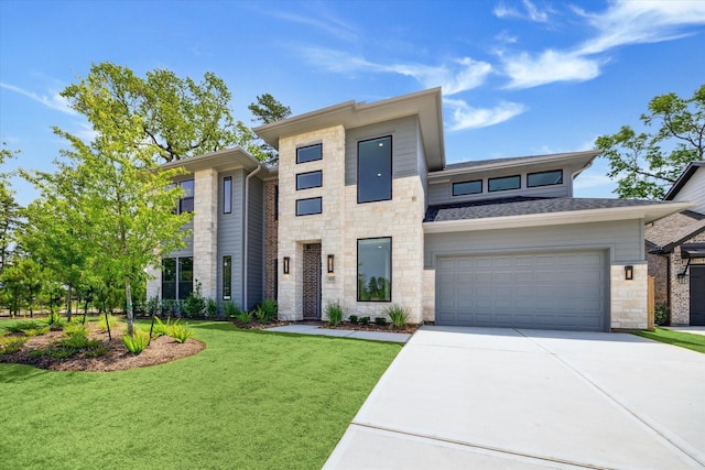403 Venado View Ct, Conroe, TX 77304 - view of front of house featuring stone siding, concrete driveway, a front yard, a garage, and roof with shingles