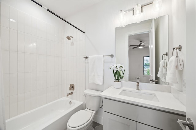 403 Venado View Ct, Conroe, TX 77304 - full bathroom featuring toilet, vanity, shower / washtub combination, and a ceiling fan