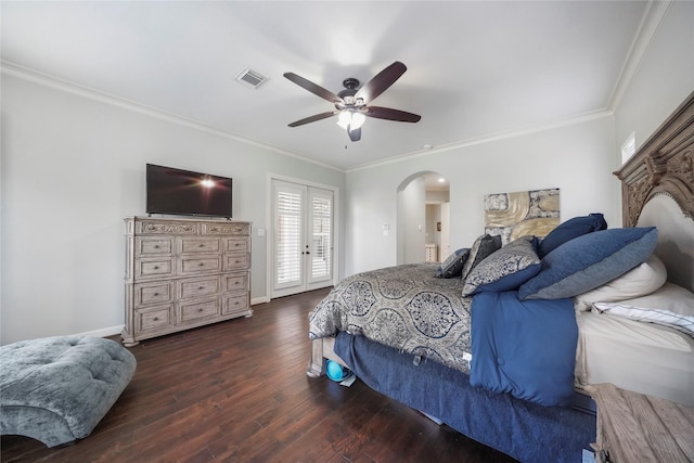 26122 Crown Ranch Blvd, Montgomery, TX 77316 - bedroom with arched walkways, ornamental molding, hardwood / wood-style floors, baseboards, and access to exterior