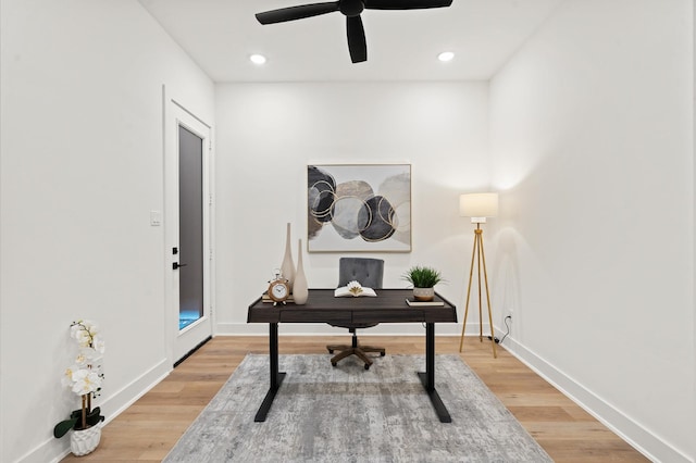 6705 Del Rio St, Houston, TX 77021 - office featuring a ceiling fan, light wood-type flooring, baseboards, and recessed lighting