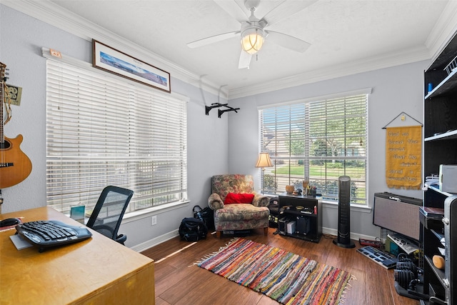 15106 Aragon Green Dr, Cypress, TX 77433 - office space with a ceiling fan, ornamental molding, healthy amount of natural light, wood finished floors, and baseboards