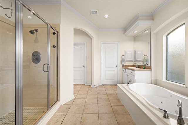 15106 Aragon Green Dr, Cypress, TX 77433 - full bath with ornamental molding, healthy amount of natural light, a stall shower, tile patterned floors, and recessed lighting